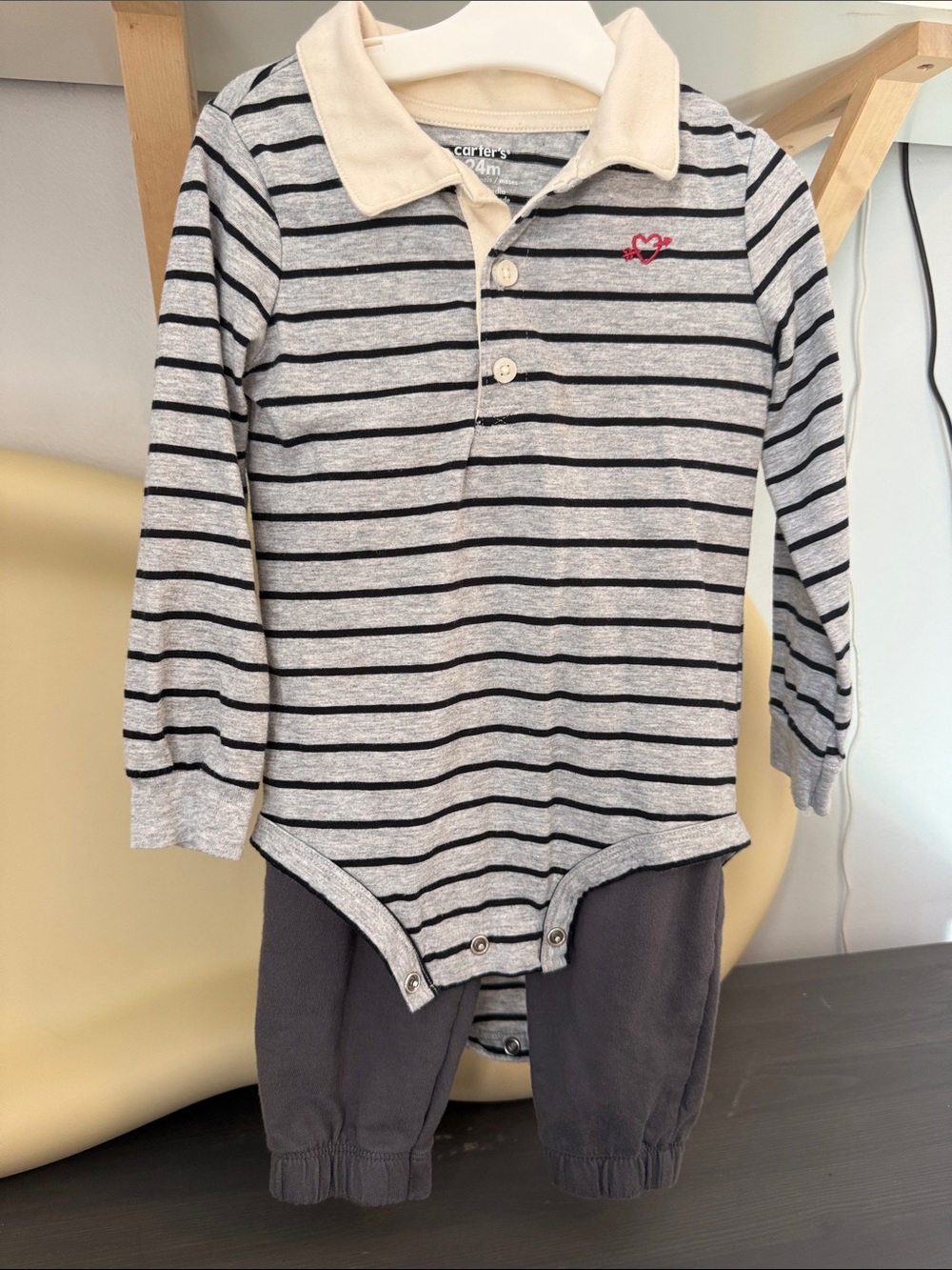 Carter's Gray & Black Striped L/S Polo Bodysuit with heart embroidery sz 24mo